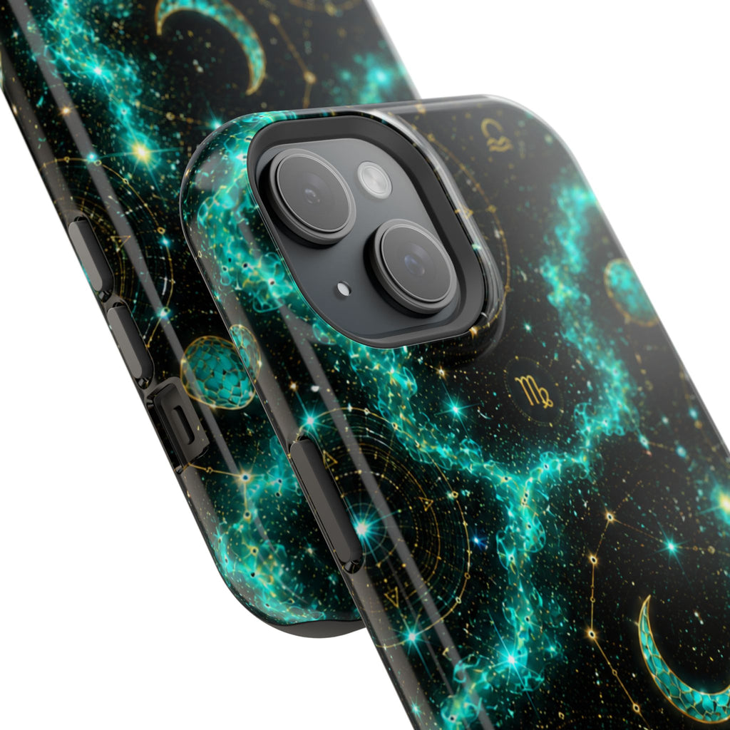 Astrology Constellation Magnetic Phone Case — Impact‑Resistant, Teal Nebula Moon & Zodiac Design