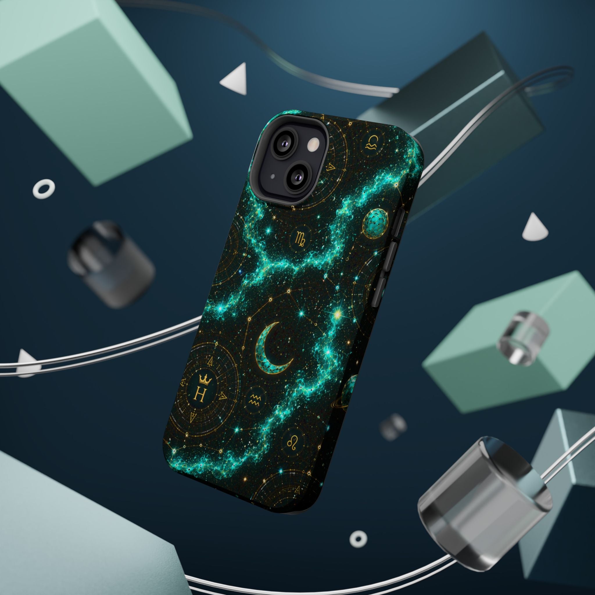 Astrology Constellation Magnetic Phone Case — Impact‑Resistant, Teal Nebula Moon & Zodiac Design