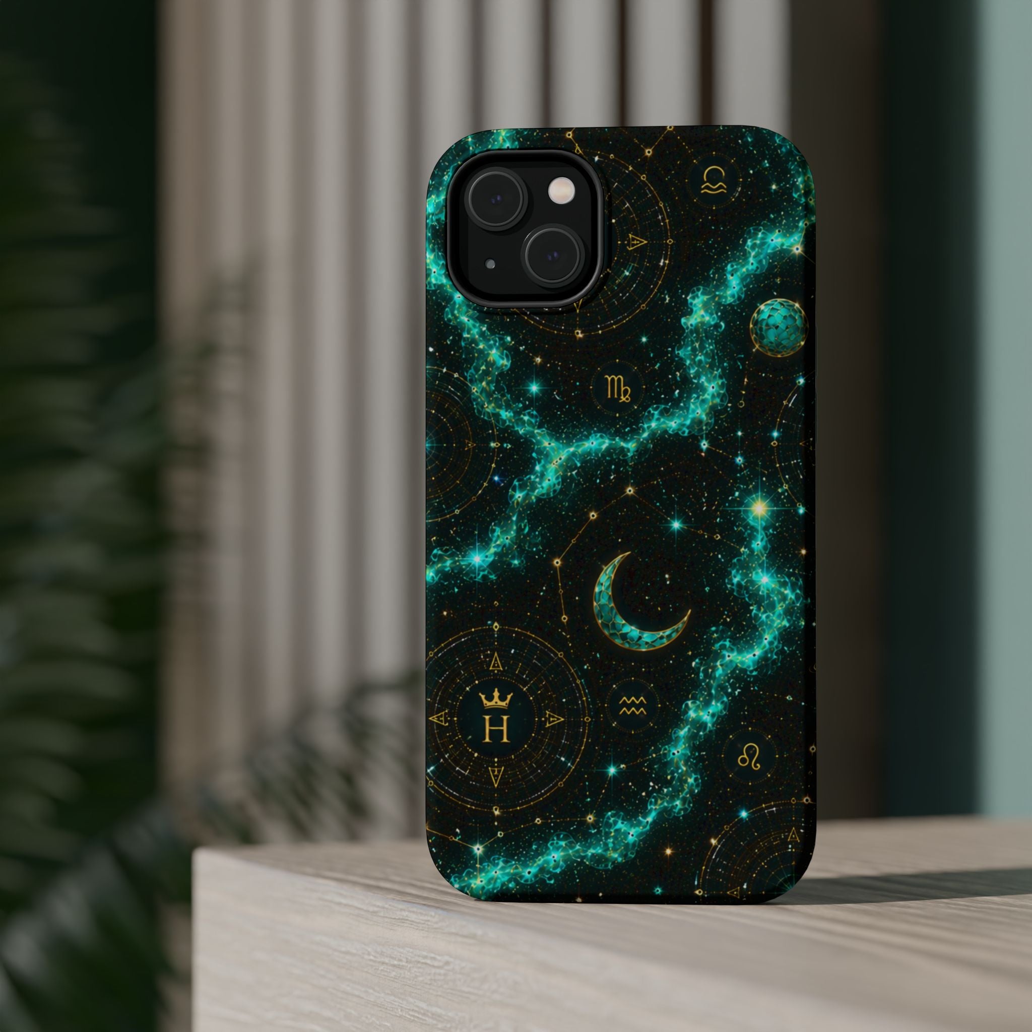Astrology Constellation Magnetic Phone Case — Impact‑Resistant, Teal Nebula Moon & Zodiac Design