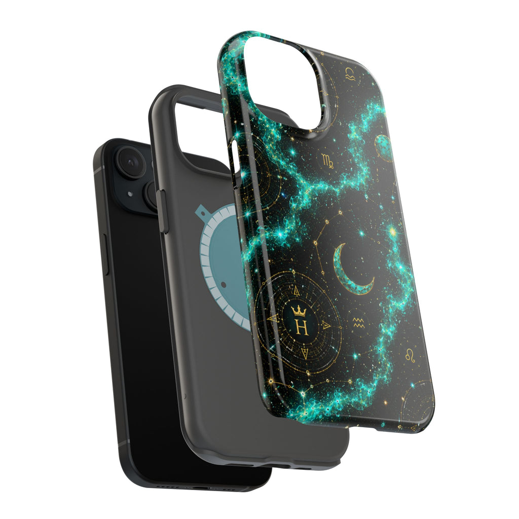 Astrology Constellation Magnetic Phone Case — Impact‑Resistant, Teal Nebula Moon & Zodiac Design