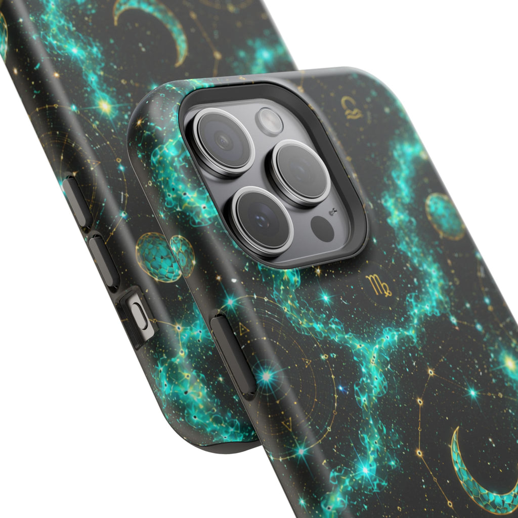 Astrology Constellation Magnetic Phone Case — Impact‑Resistant, Teal Nebula Moon & Zodiac Design