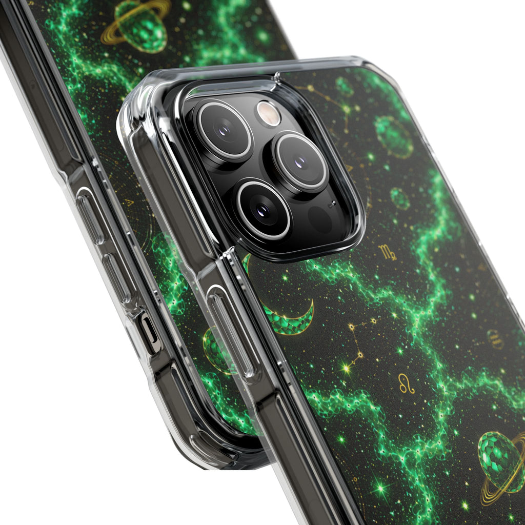 Clear Magnetic Phone Case — Neon Green Galaxy Planets Design