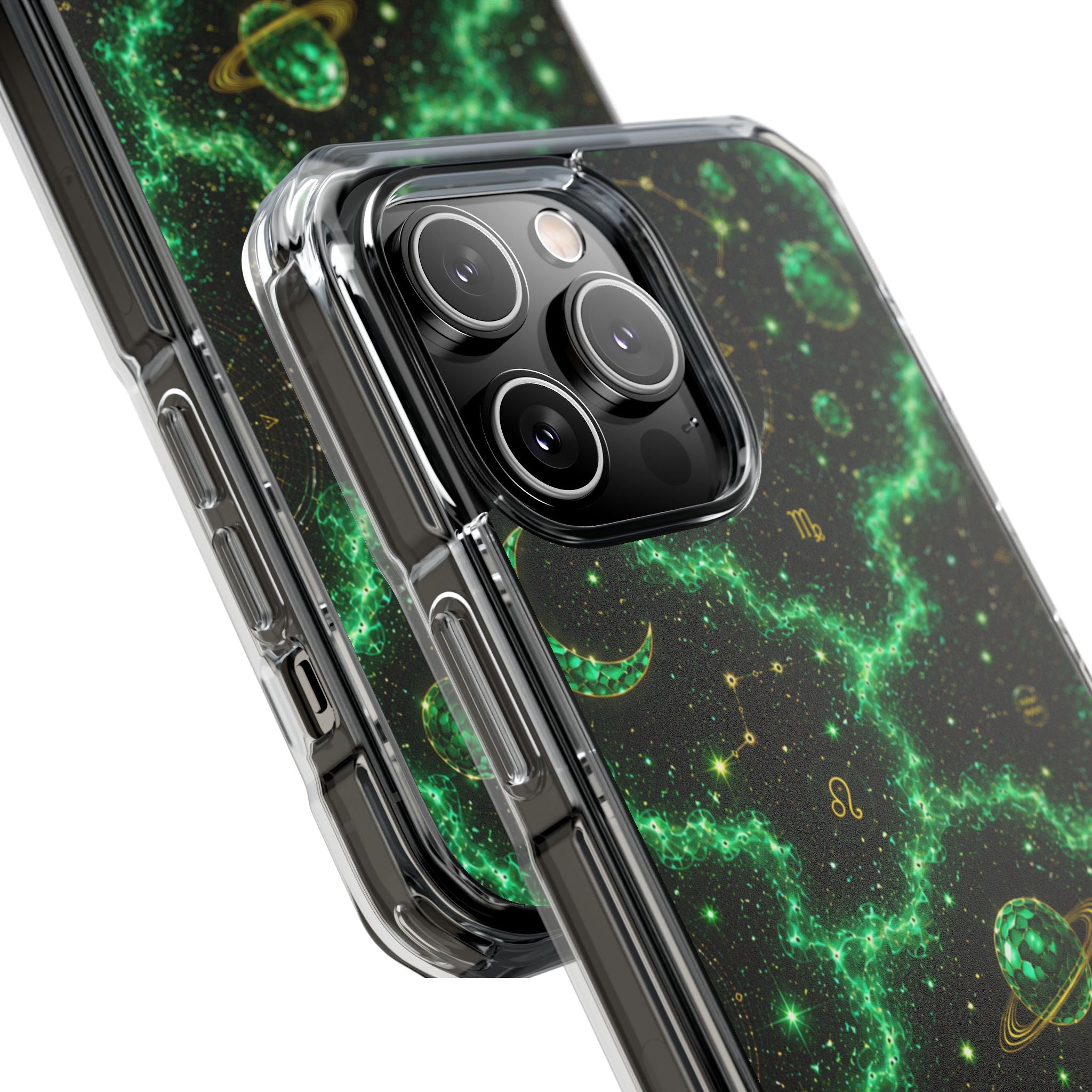 Clear Magnetic Phone Case — Neon Green Galaxy Planets Design
