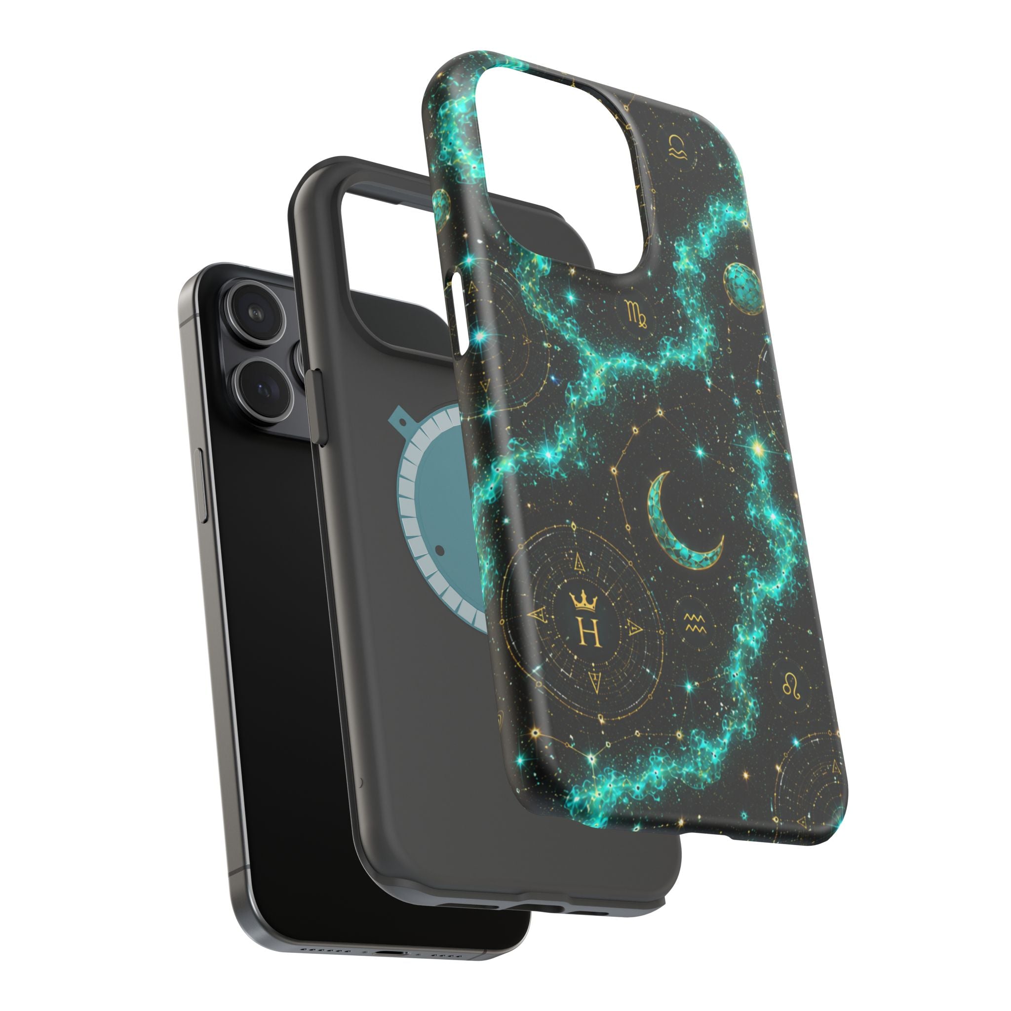 Astrology Constellation Magnetic Phone Case — Impact‑Resistant, Teal Nebula Moon & Zodiac Design