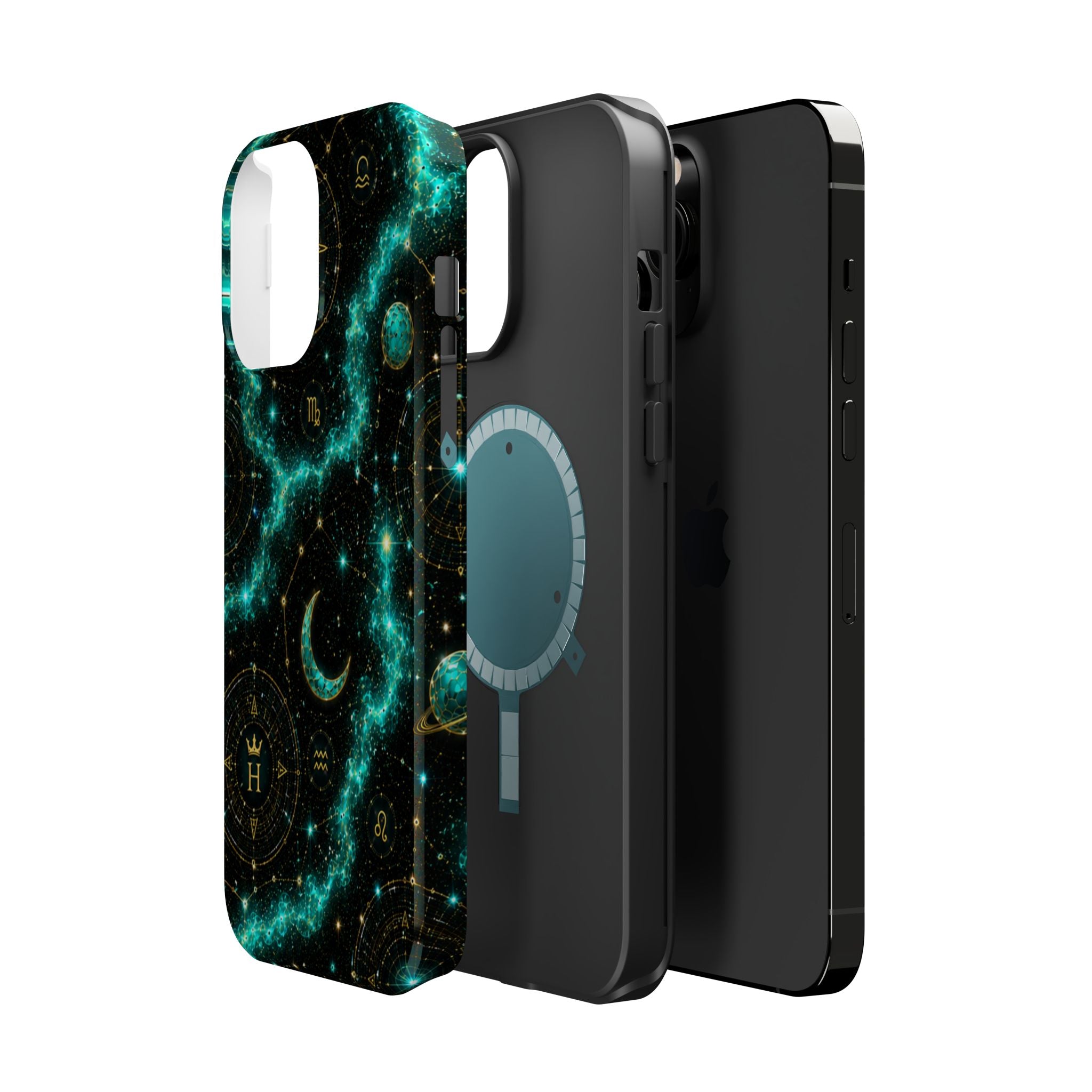 Astrology Constellation Magnetic Phone Case — Impact‑Resistant, Teal Nebula Moon & Zodiac Design