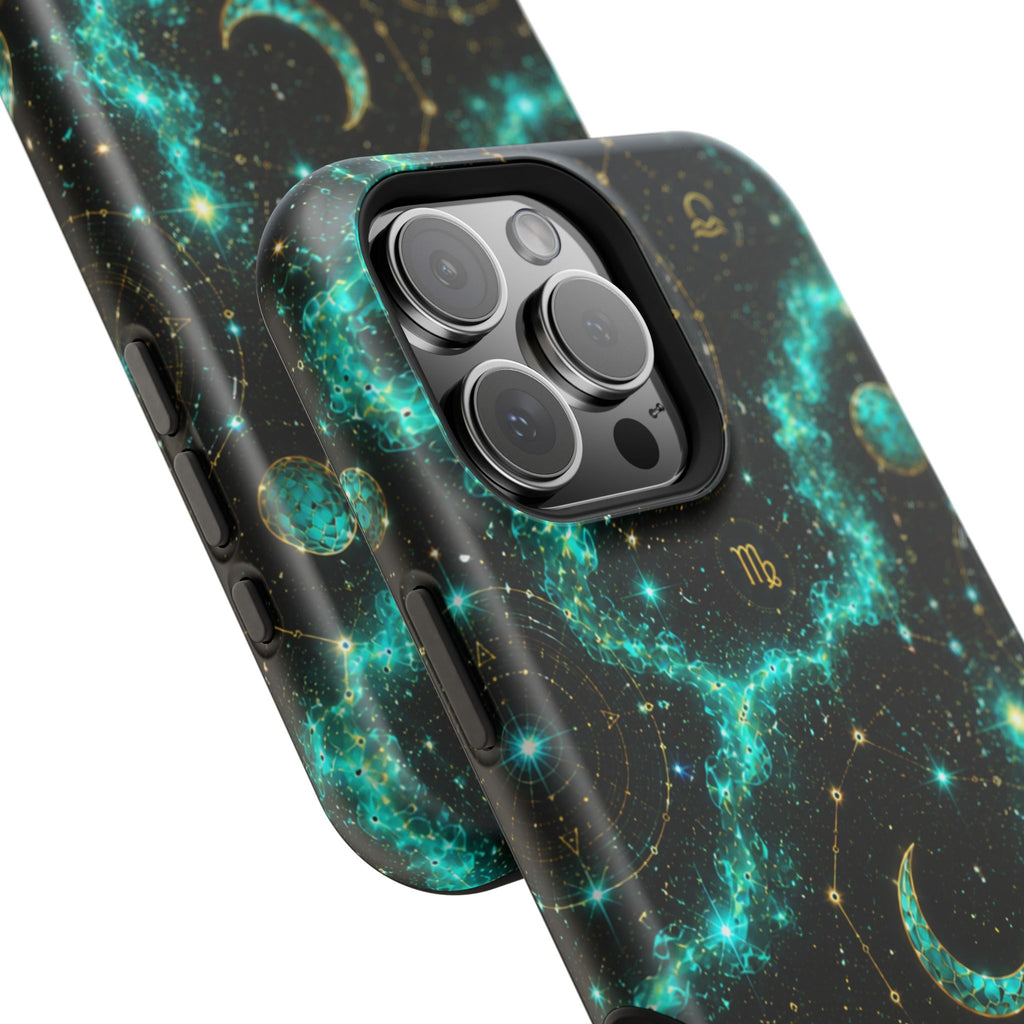 Astrology Constellation Magnetic Phone Case — Impact‑Resistant, Teal Nebula Moon & Zodiac Design