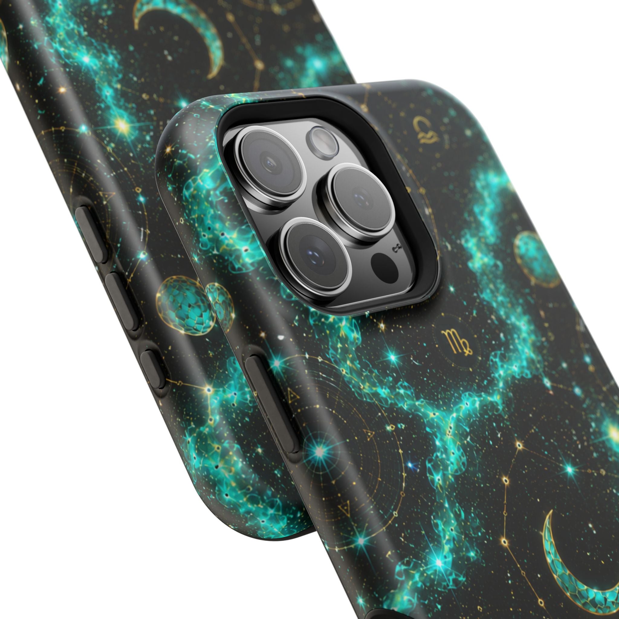 Astrology Constellation Magnetic Phone Case — Impact‑Resistant, Teal Nebula Moon & Zodiac Design