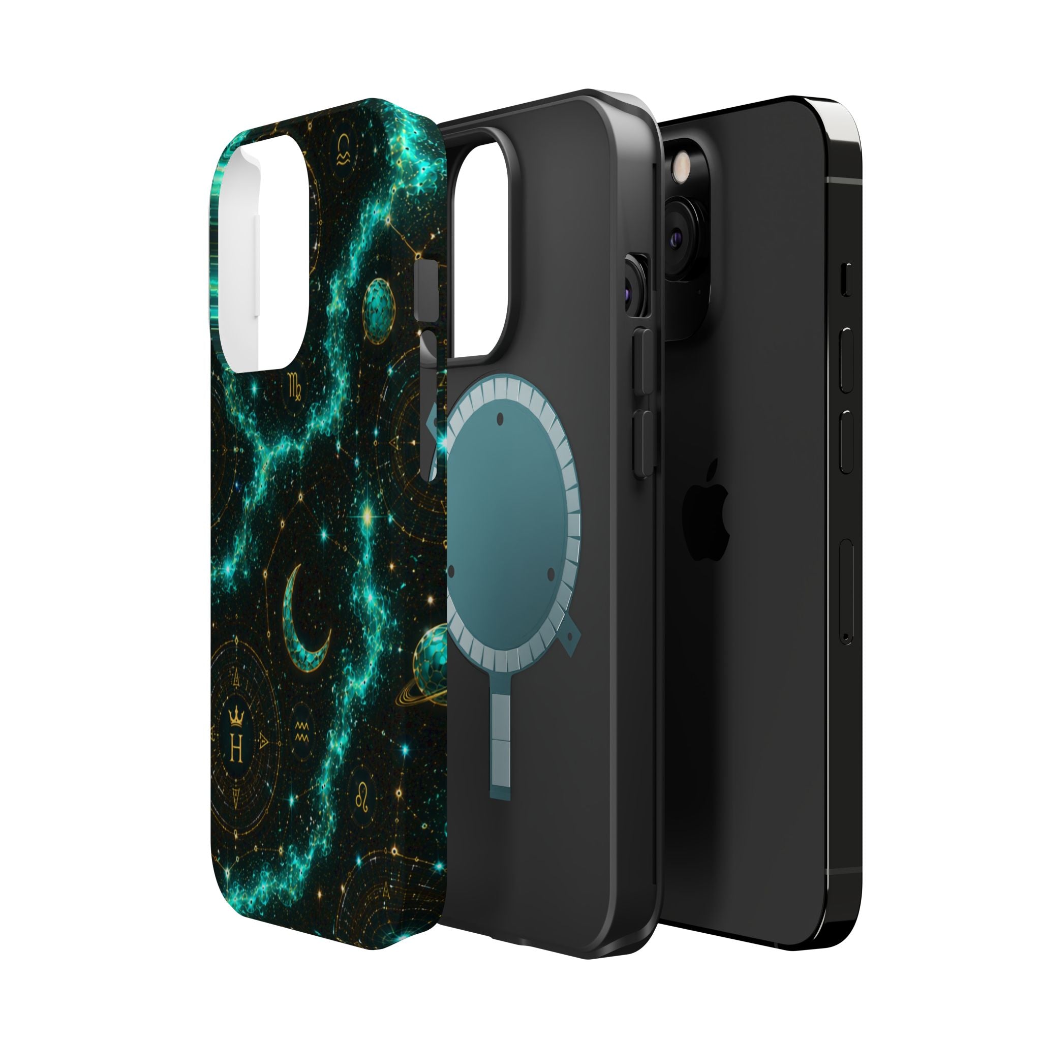 Astrology Constellation Magnetic Phone Case — Impact‑Resistant, Teal Nebula Moon & Zodiac Design
