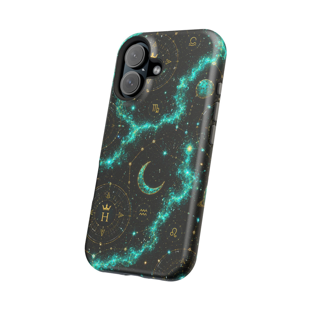 Astrology Constellation Magnetic Phone Case — Impact‑Resistant, Teal Nebula Moon & Zodiac Design