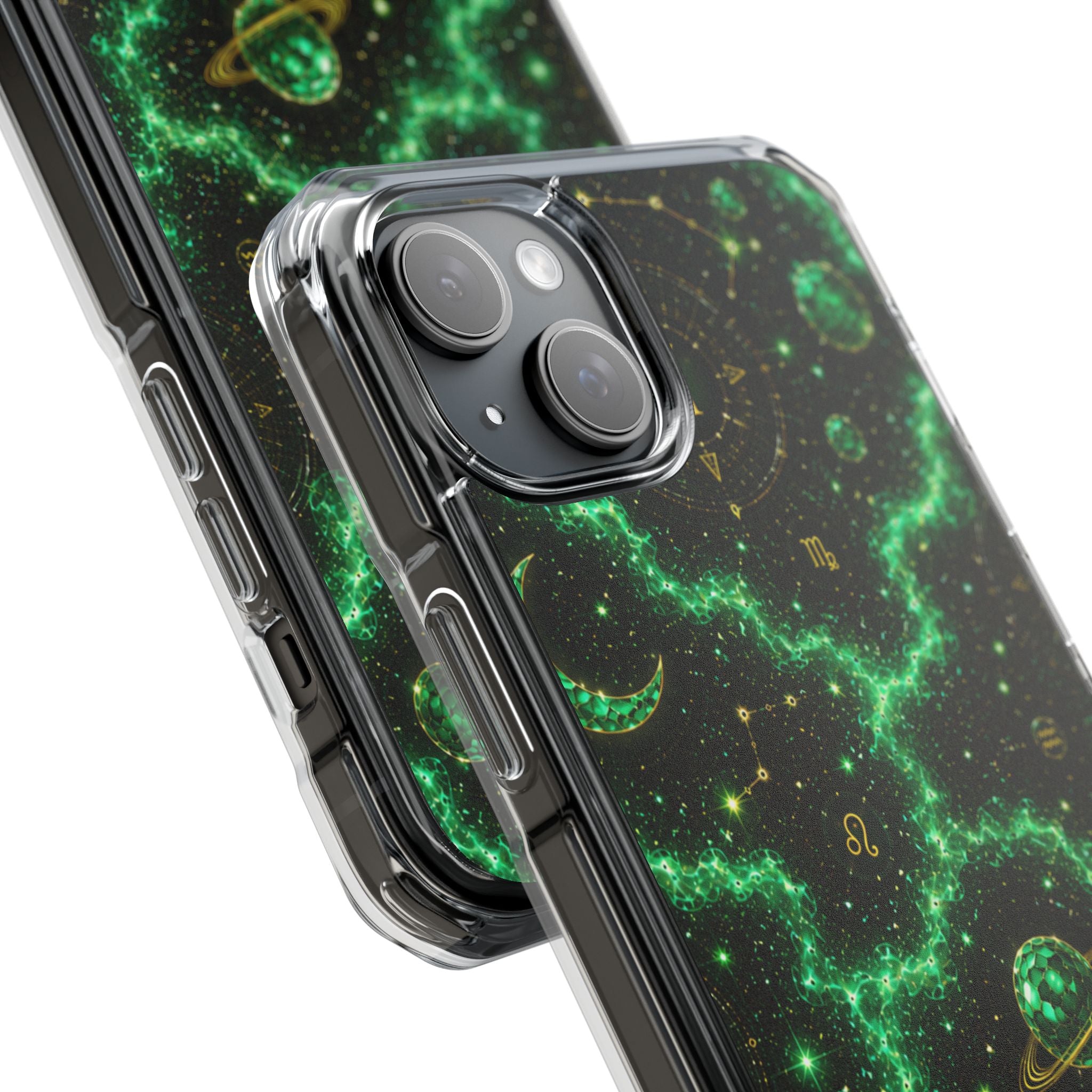 Clear Magnetic Phone Case — Neon Green Galaxy Planets Design