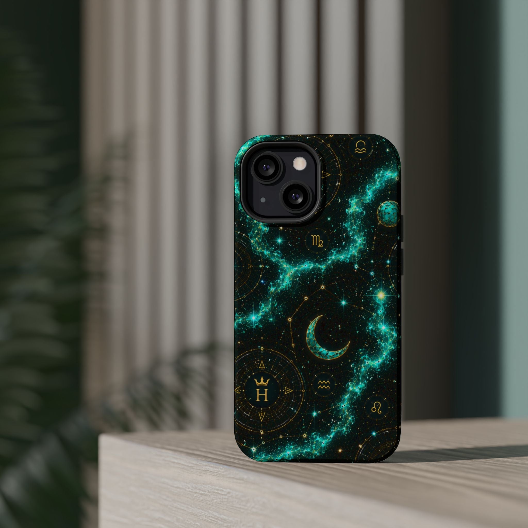 Astrology Constellation Magnetic Phone Case — Impact‑Resistant, Teal Nebula Moon & Zodiac Design