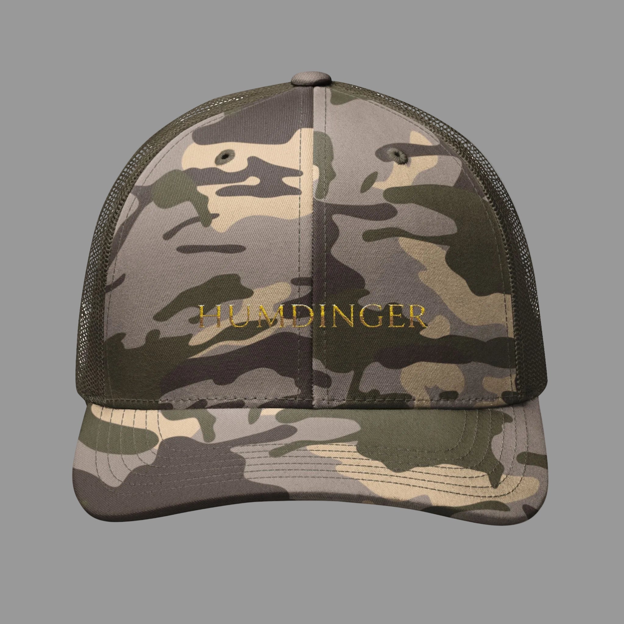 Camo Trucker Hat — Embroidered Gold Name Baseball Cap