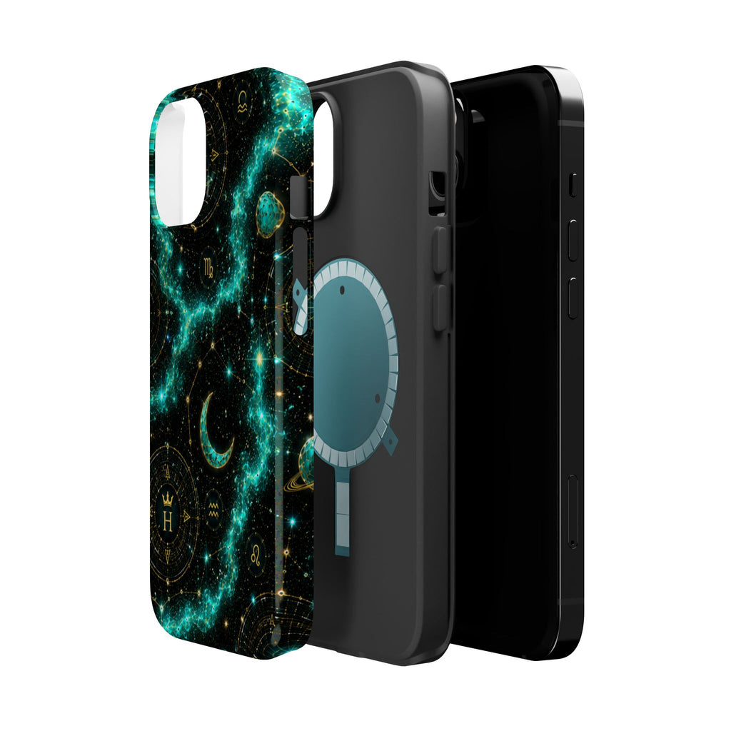 Astrology Constellation Magnetic Phone Case — Impact‑Resistant, Teal Nebula Moon & Zodiac Design