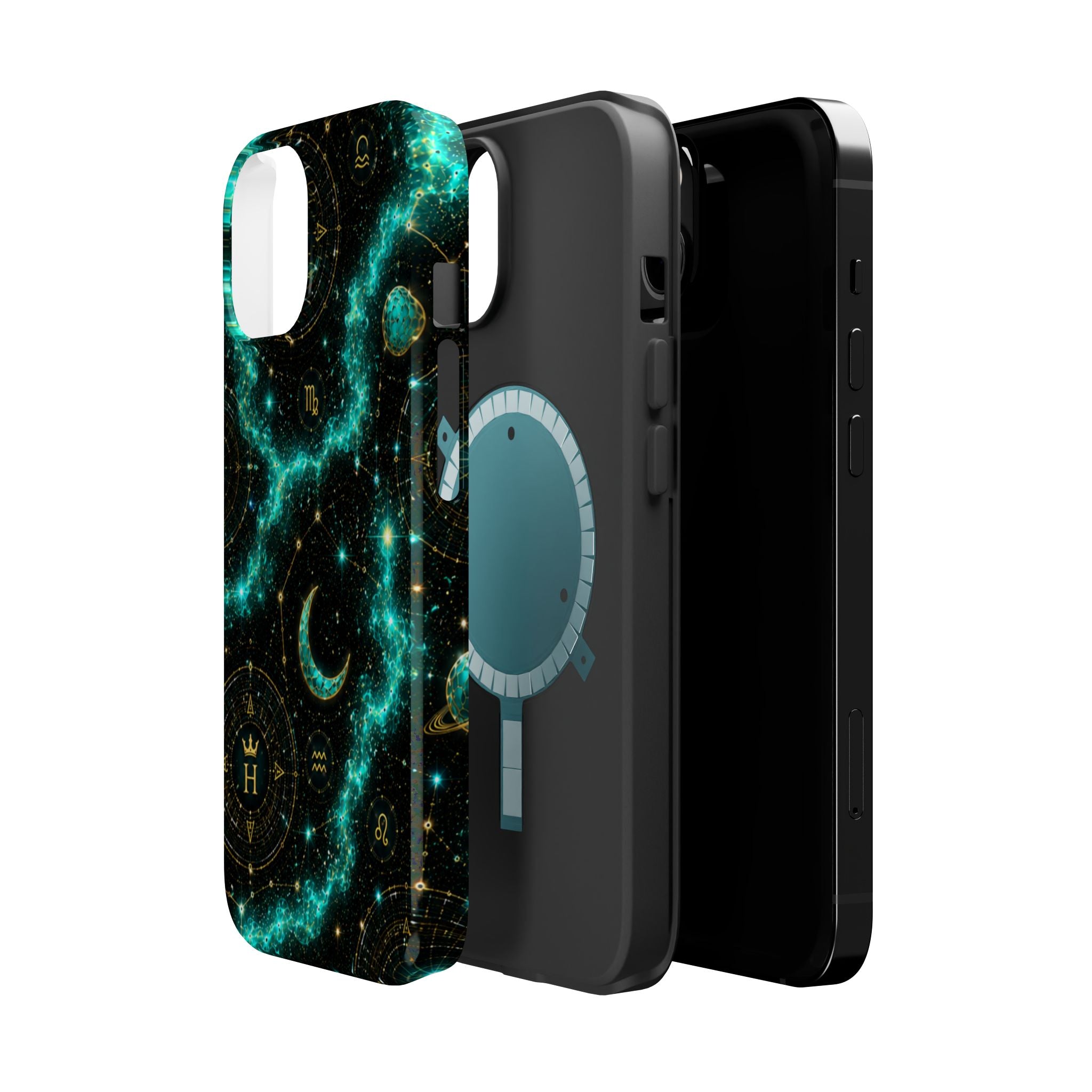 Astrology Constellation Magnetic Phone Case — Impact‑Resistant, Teal Nebula Moon & Zodiac Design