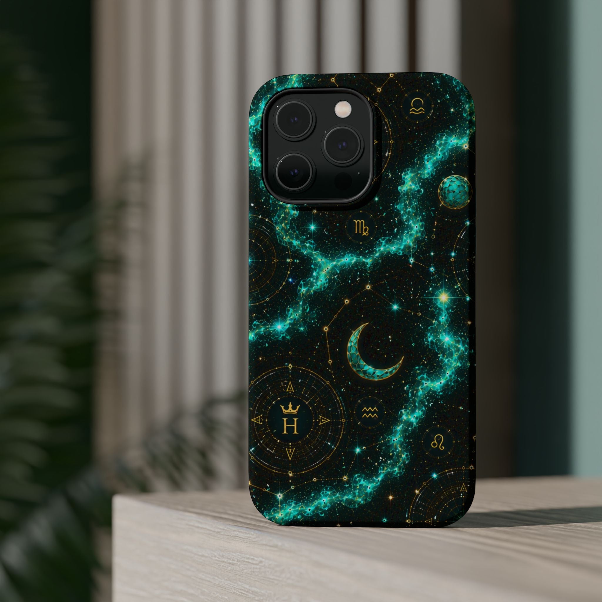 Astrology Constellation Magnetic Phone Case — Impact‑Resistant, Teal Nebula Moon & Zodiac Design