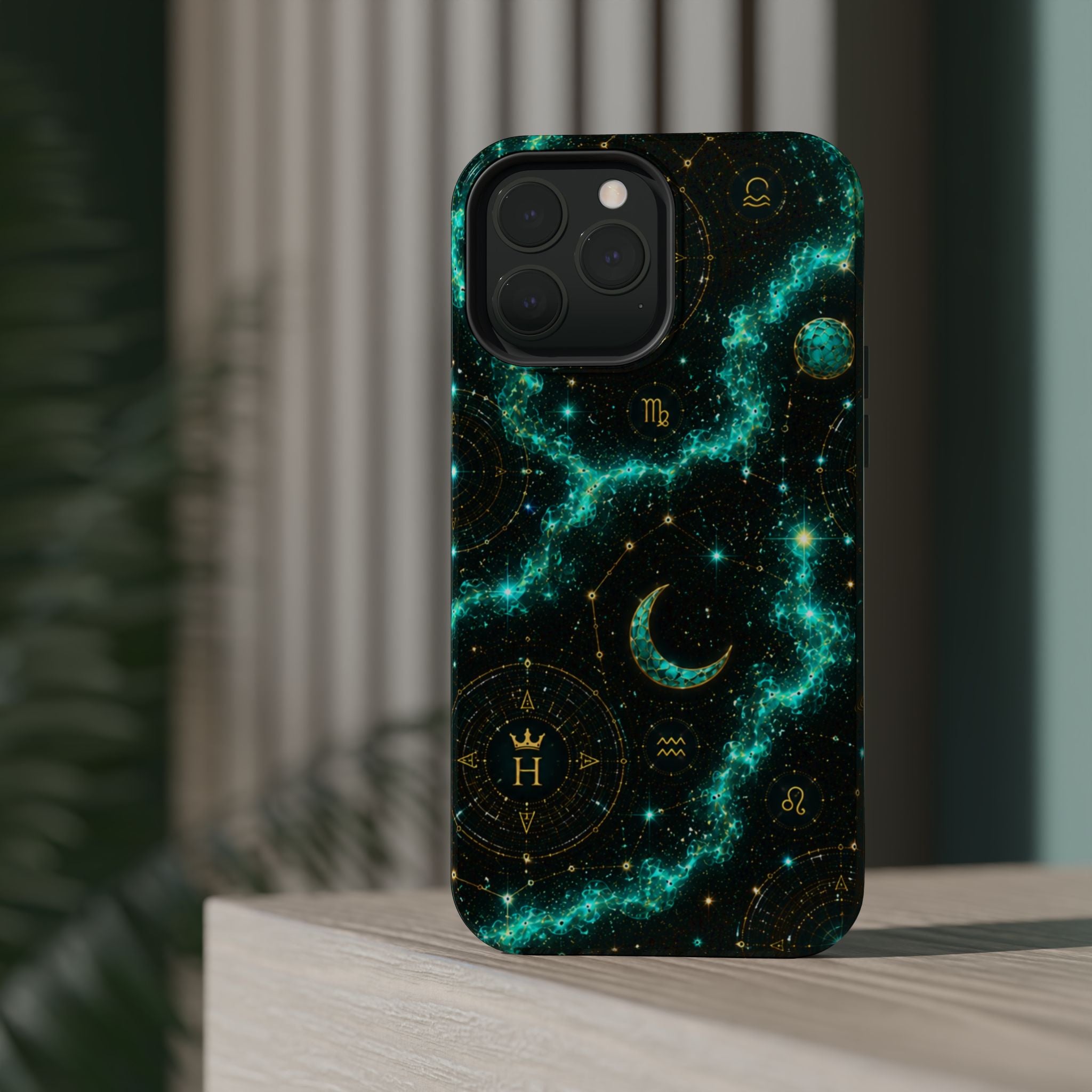 Astrology Constellation Magnetic Phone Case — Impact‑Resistant, Teal Nebula Moon & Zodiac Design