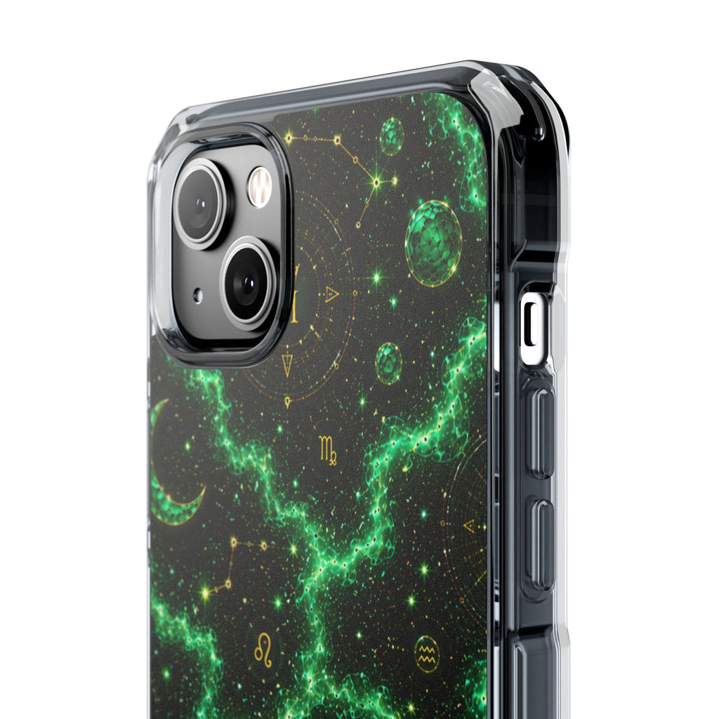 Clear Magnetic Phone Case — Neon Green Galaxy Planets Design