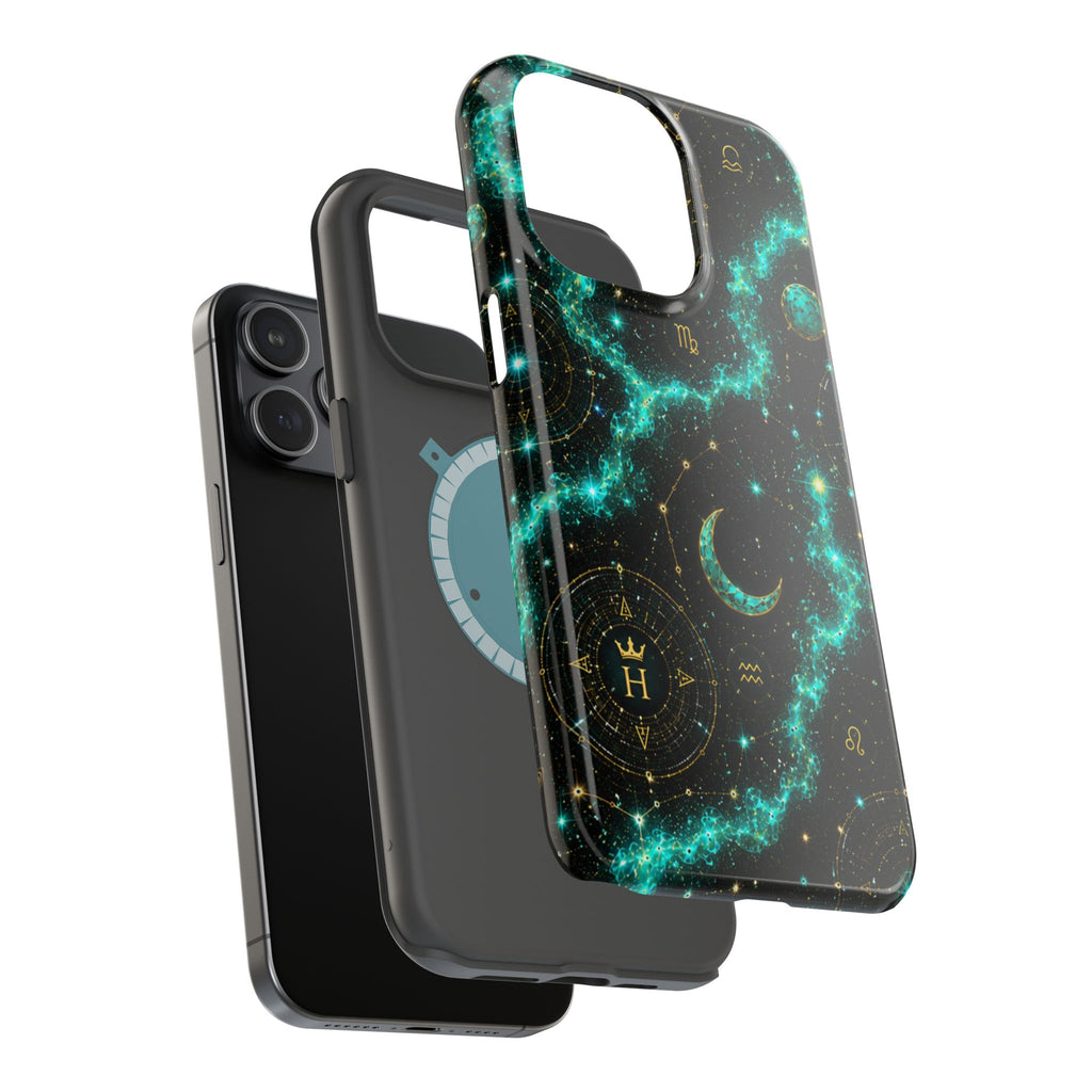 Astrology Constellation Magnetic Phone Case — Impact‑Resistant, Teal Nebula Moon & Zodiac Design