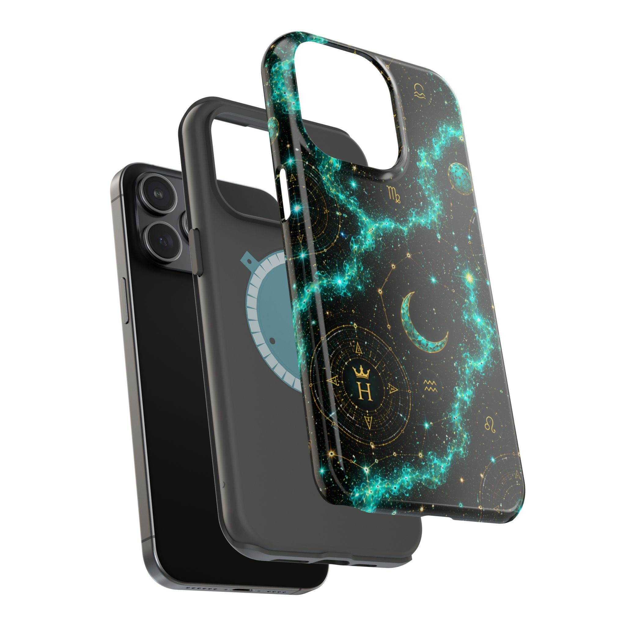 Astrology Constellation Magnetic Phone Case — Impact‑Resistant, Teal Nebula Moon & Zodiac Design