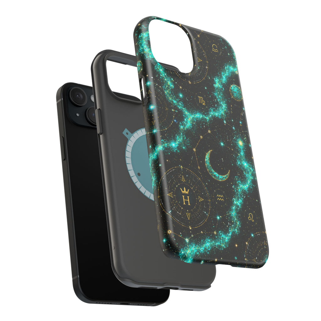 Astrology Constellation Magnetic Phone Case — Impact‑Resistant, Teal Nebula Moon & Zodiac Design