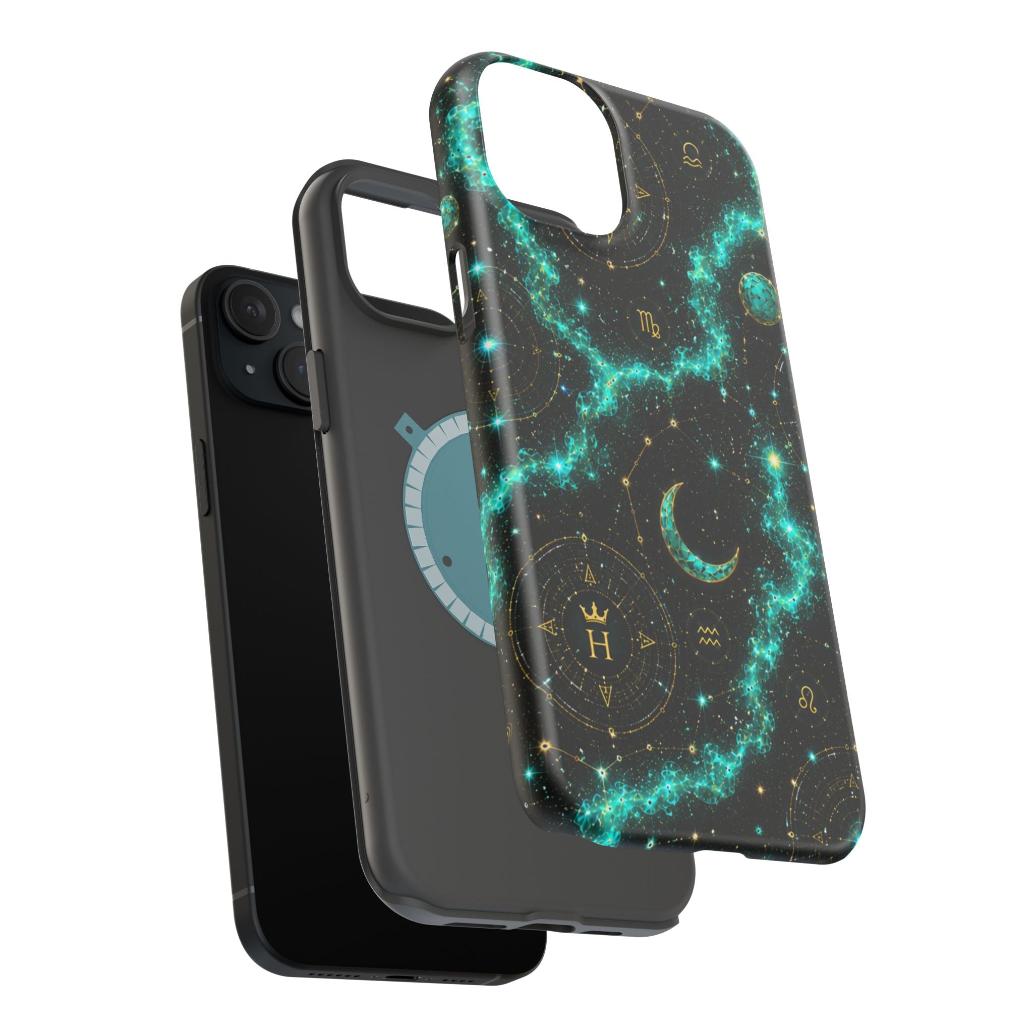 Astrology Constellation Magnetic Phone Case — Impact‑Resistant, Teal Nebula Moon & Zodiac Design