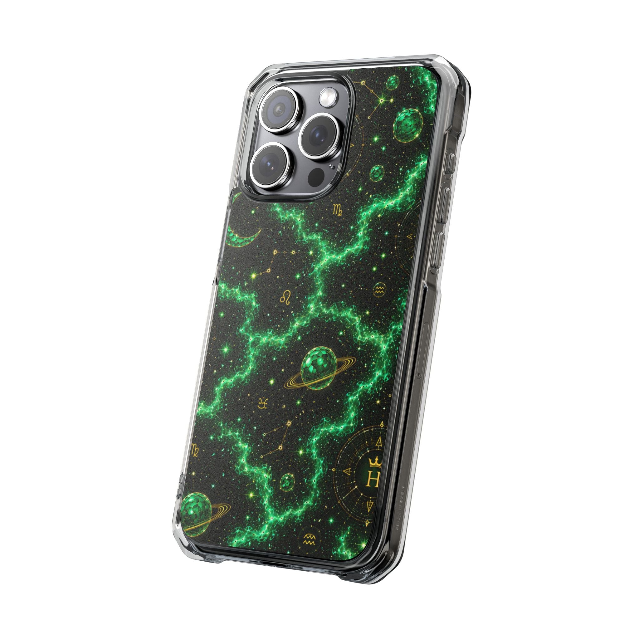 Clear Magnetic Phone Case — Neon Green Galaxy Planets Design
