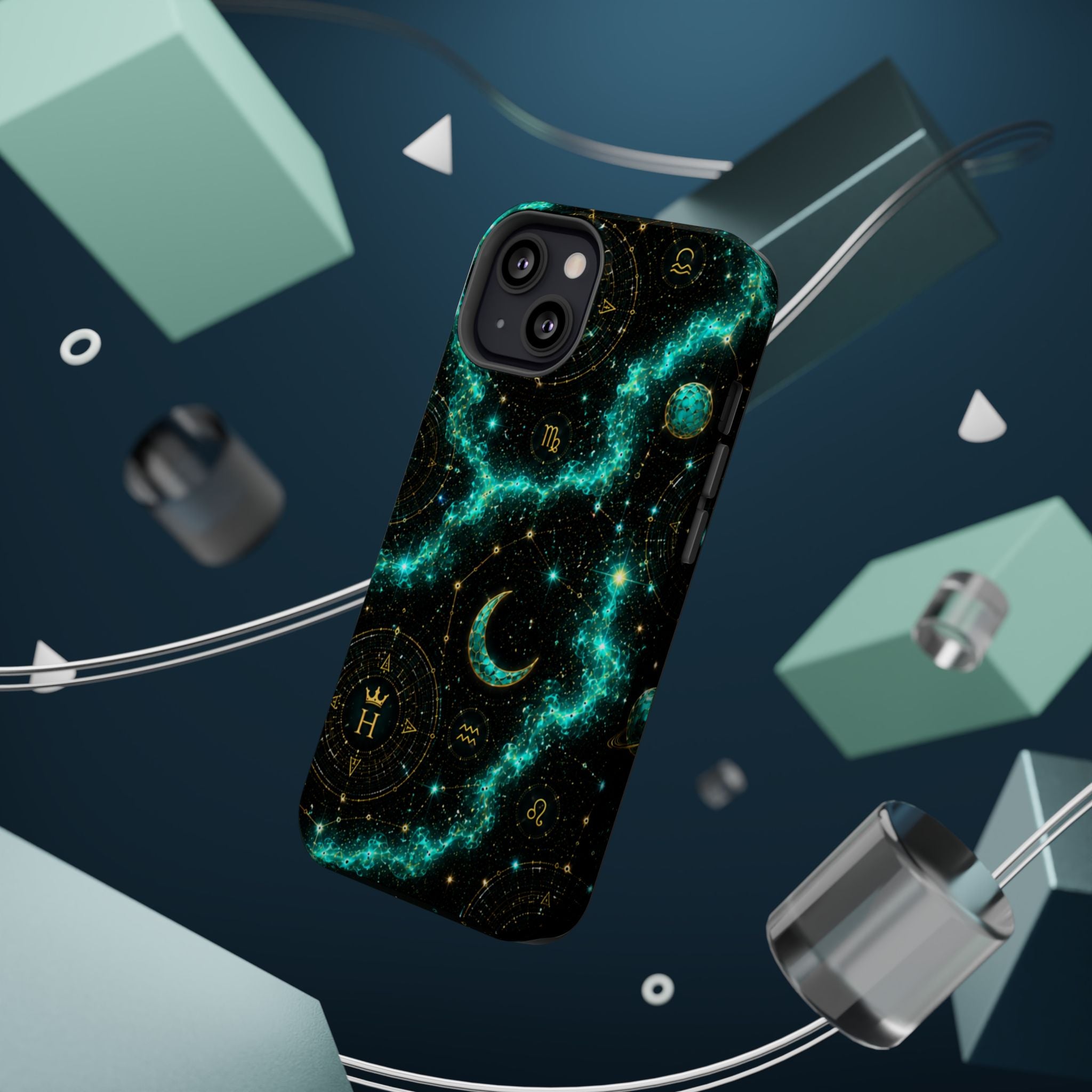Astrology Constellation Magnetic Phone Case — Impact‑Resistant, Teal Nebula Moon & Zodiac Design