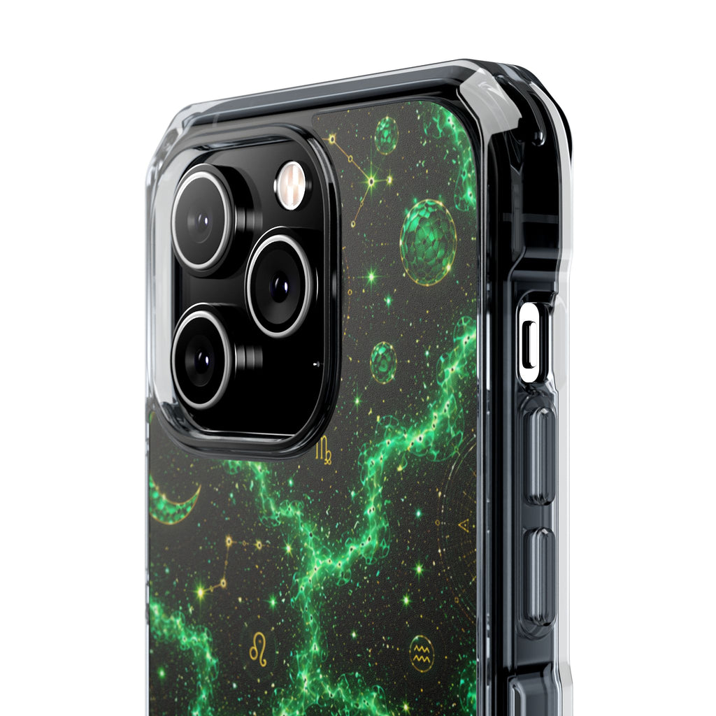Clear Magnetic Phone Case — Neon Green Galaxy Planets Design