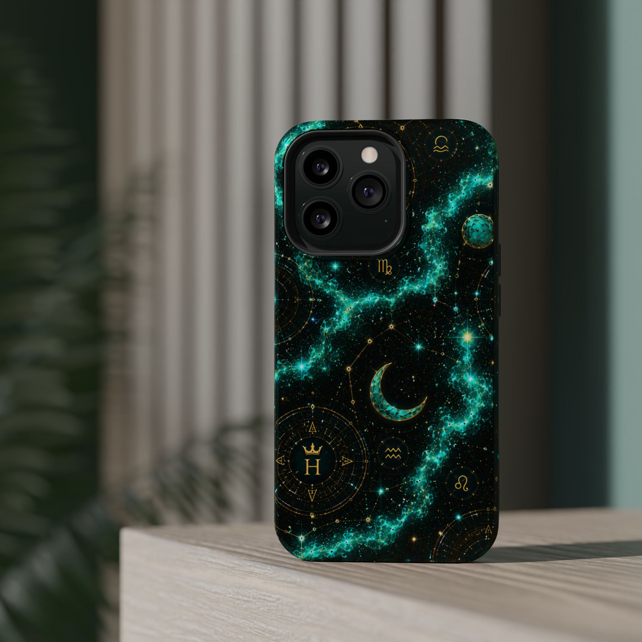 Astrology Constellation Magnetic Phone Case — Impact‑Resistant, Teal Nebula Moon & Zodiac Design