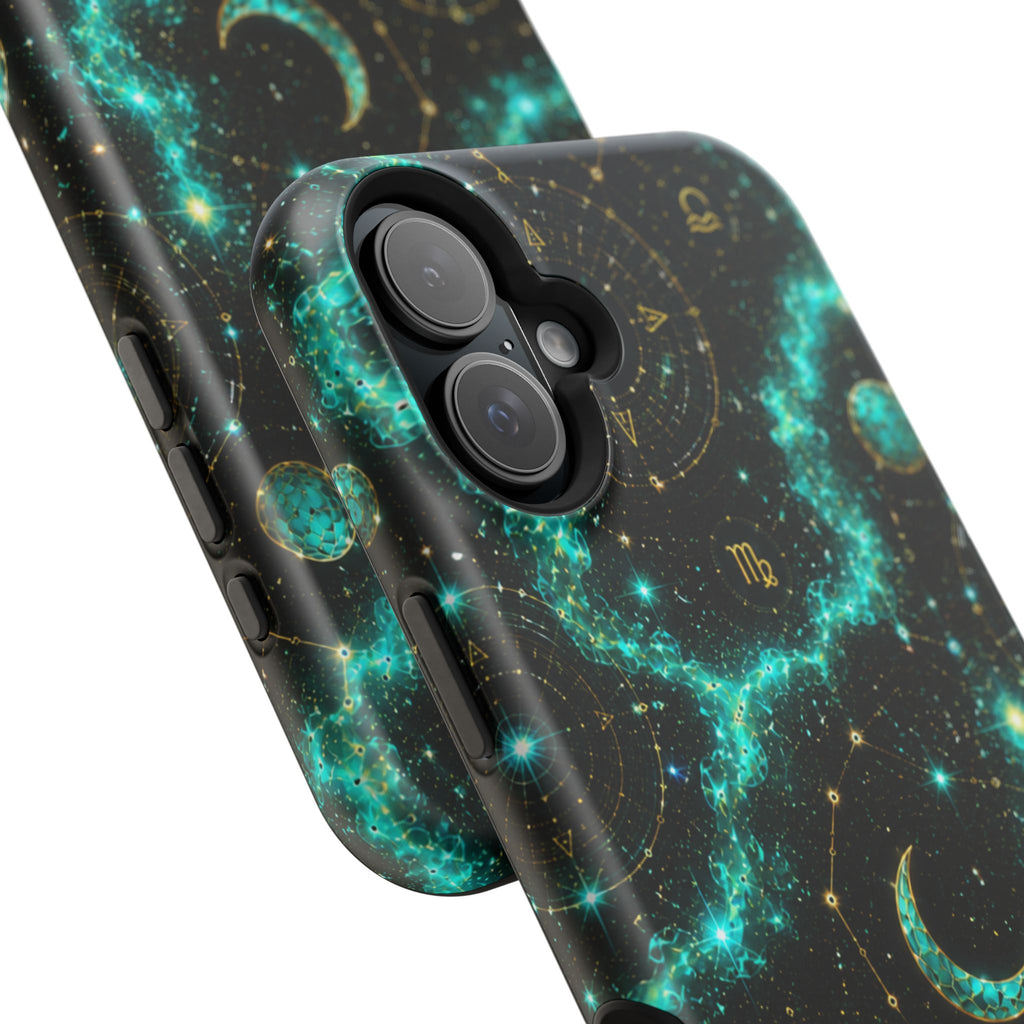 Astrology Constellation Magnetic Phone Case — Impact‑Resistant, Teal Nebula Moon & Zodiac Design