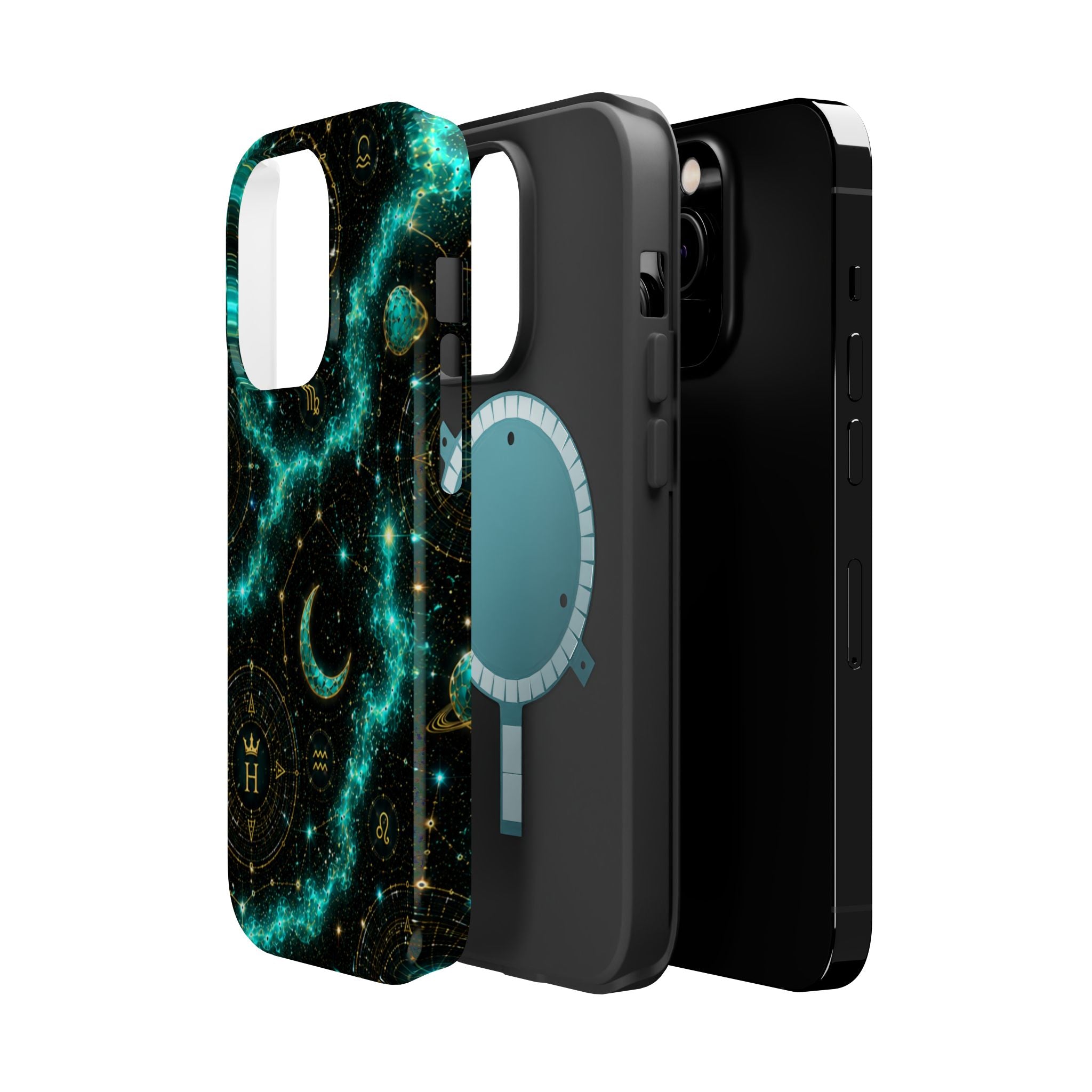 Astrology Constellation Magnetic Phone Case — Impact‑Resistant, Teal Nebula Moon & Zodiac Design