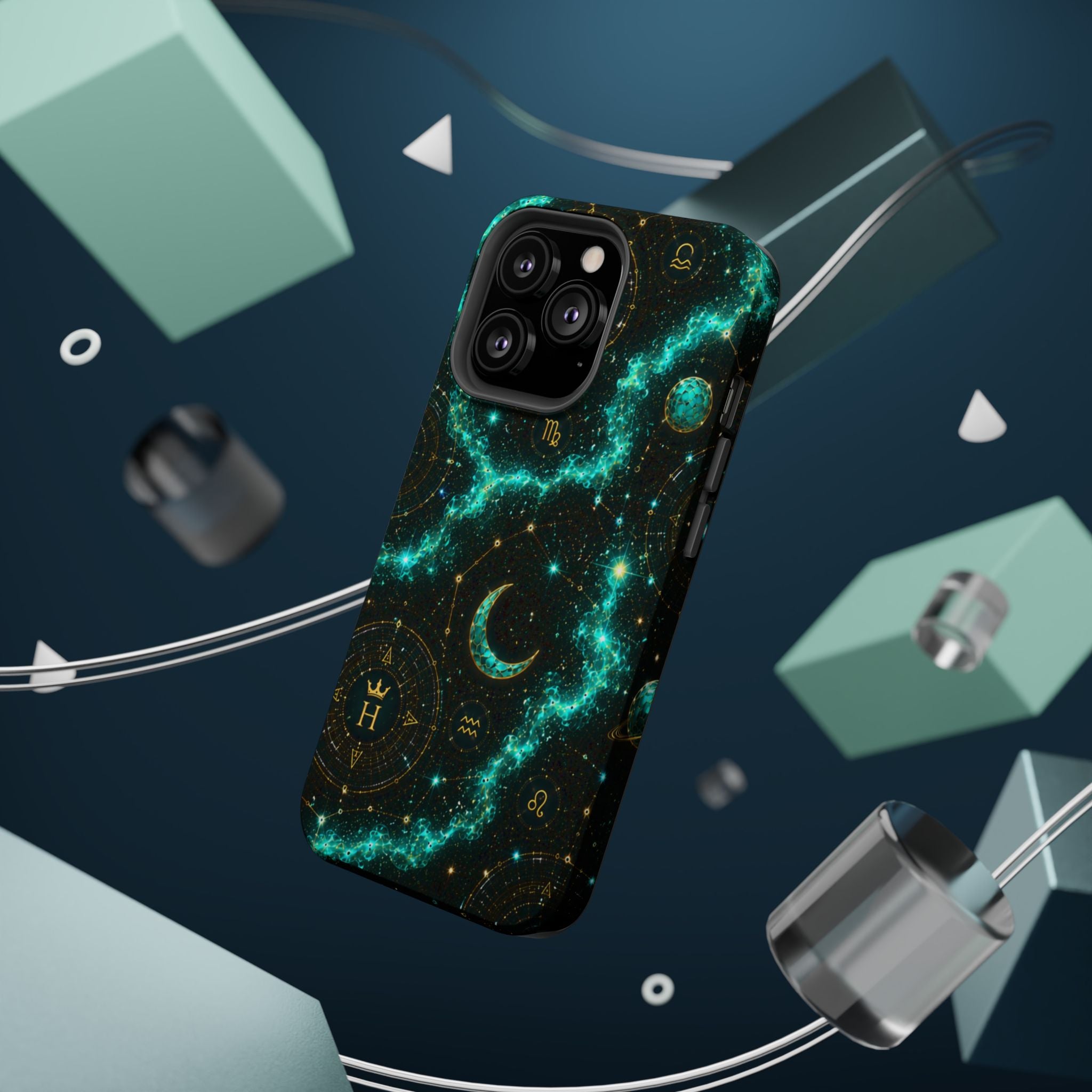 Astrology Constellation Magnetic Phone Case — Impact‑Resistant, Teal Nebula Moon & Zodiac Design