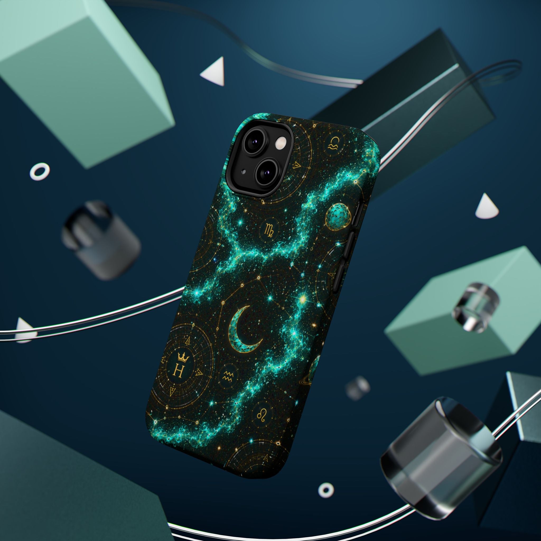 Astrology Constellation Magnetic Phone Case — Impact‑Resistant, Teal Nebula Moon & Zodiac Design