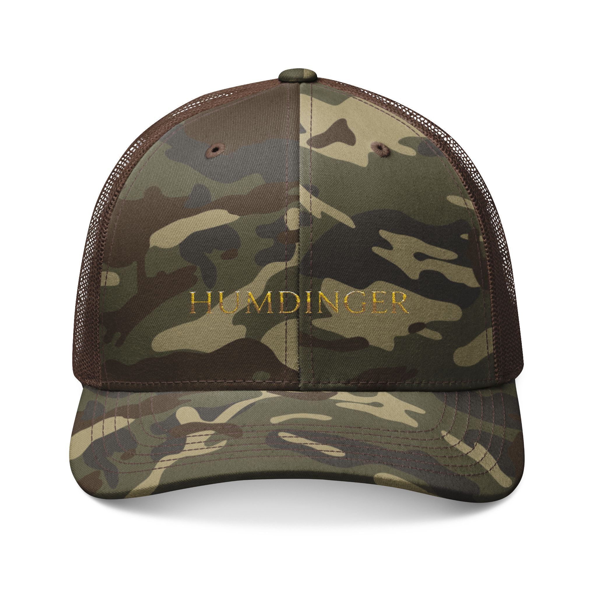 Camo Trucker Hat — Embroidered Gold Name Baseball Cap