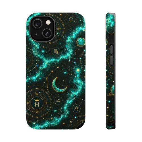 Astrology Constellation Magnetic Phone Case — Impact‑Resistant, Teal Nebula Moon & Zodiac Design
