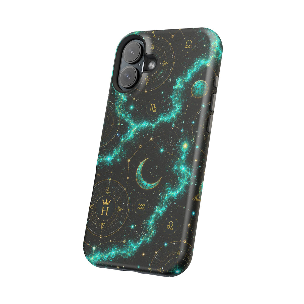 Astrology Constellation Magnetic Phone Case — Impact‑Resistant, Teal Nebula Moon & Zodiac Design