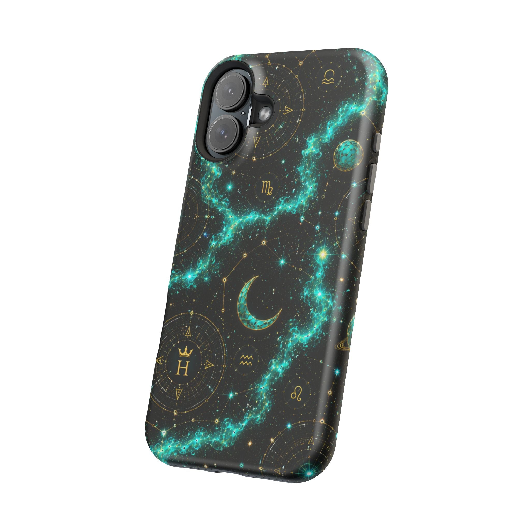 Astrology Constellation Magnetic Phone Case — Impact‑Resistant, Teal Nebula Moon & Zodiac Design