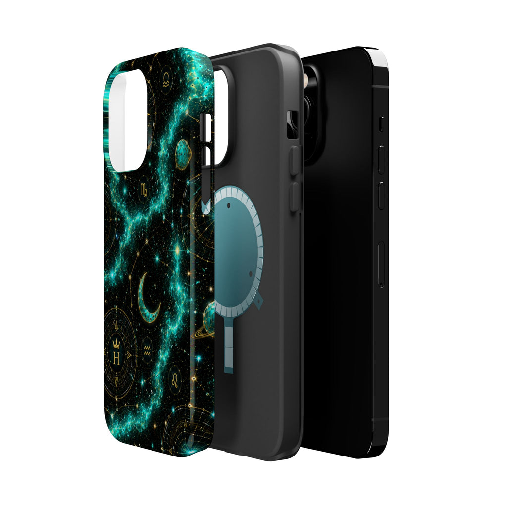 Astrology Constellation Magnetic Phone Case — Impact‑Resistant, Teal Nebula Moon & Zodiac Design