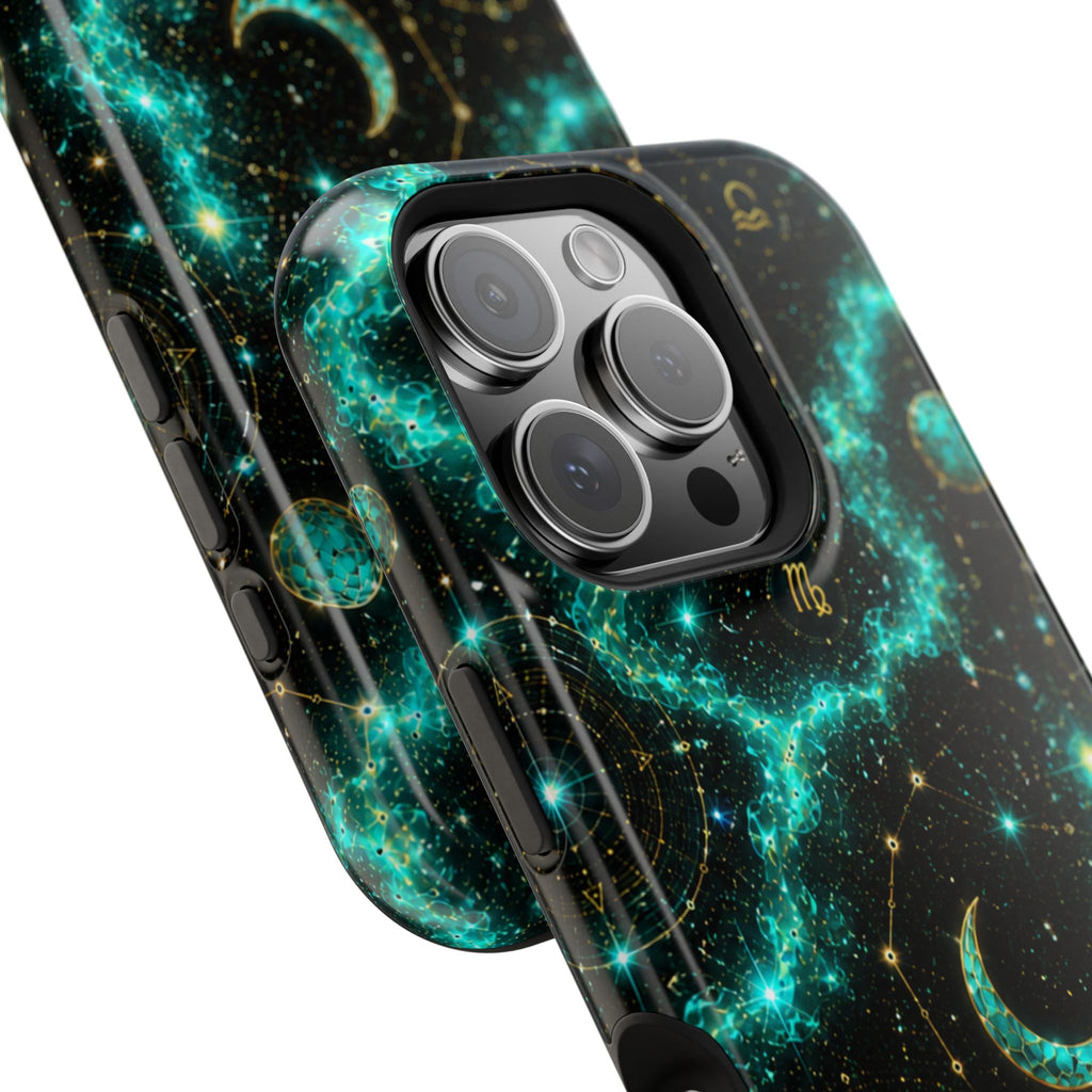 Astrology Constellation Magnetic Phone Case — Impact‑Resistant, Teal Nebula Moon & Zodiac Design