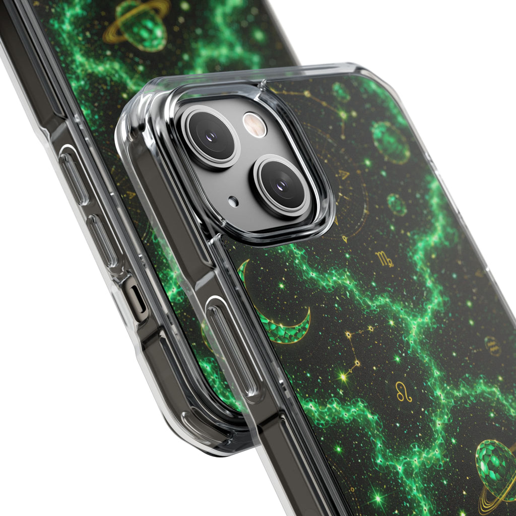Clear Magnetic Phone Case — Neon Green Galaxy Planets Design