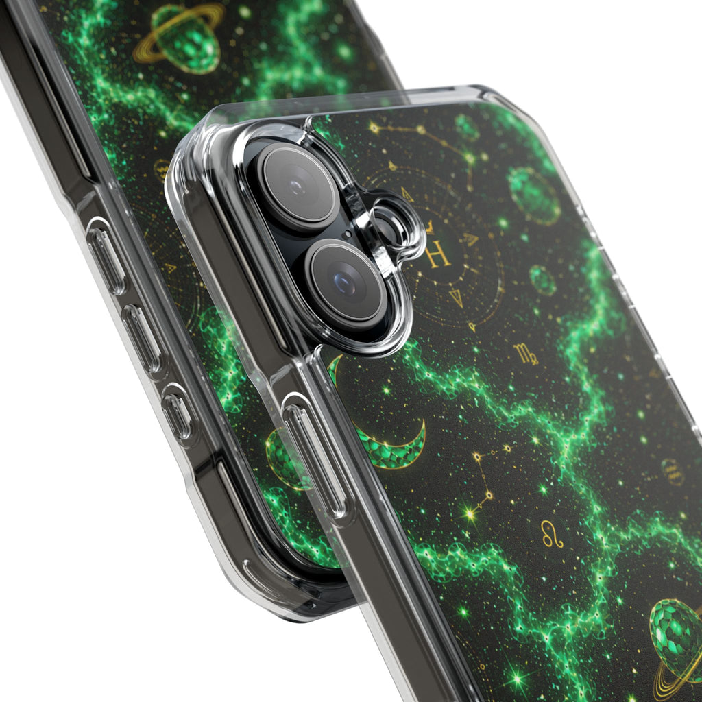 Clear Magnetic Phone Case — Neon Green Galaxy Planets Design