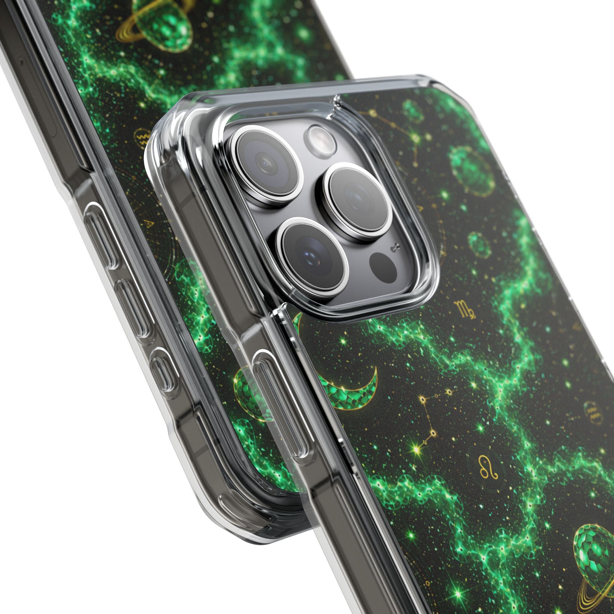 Clear Magnetic Phone Case — Neon Green Galaxy Planets Design