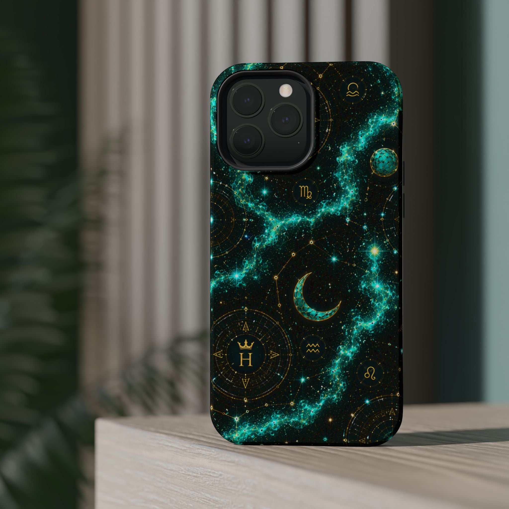 Astrology Constellation Magnetic Phone Case — Impact‑Resistant, Teal Nebula Moon & Zodiac Design