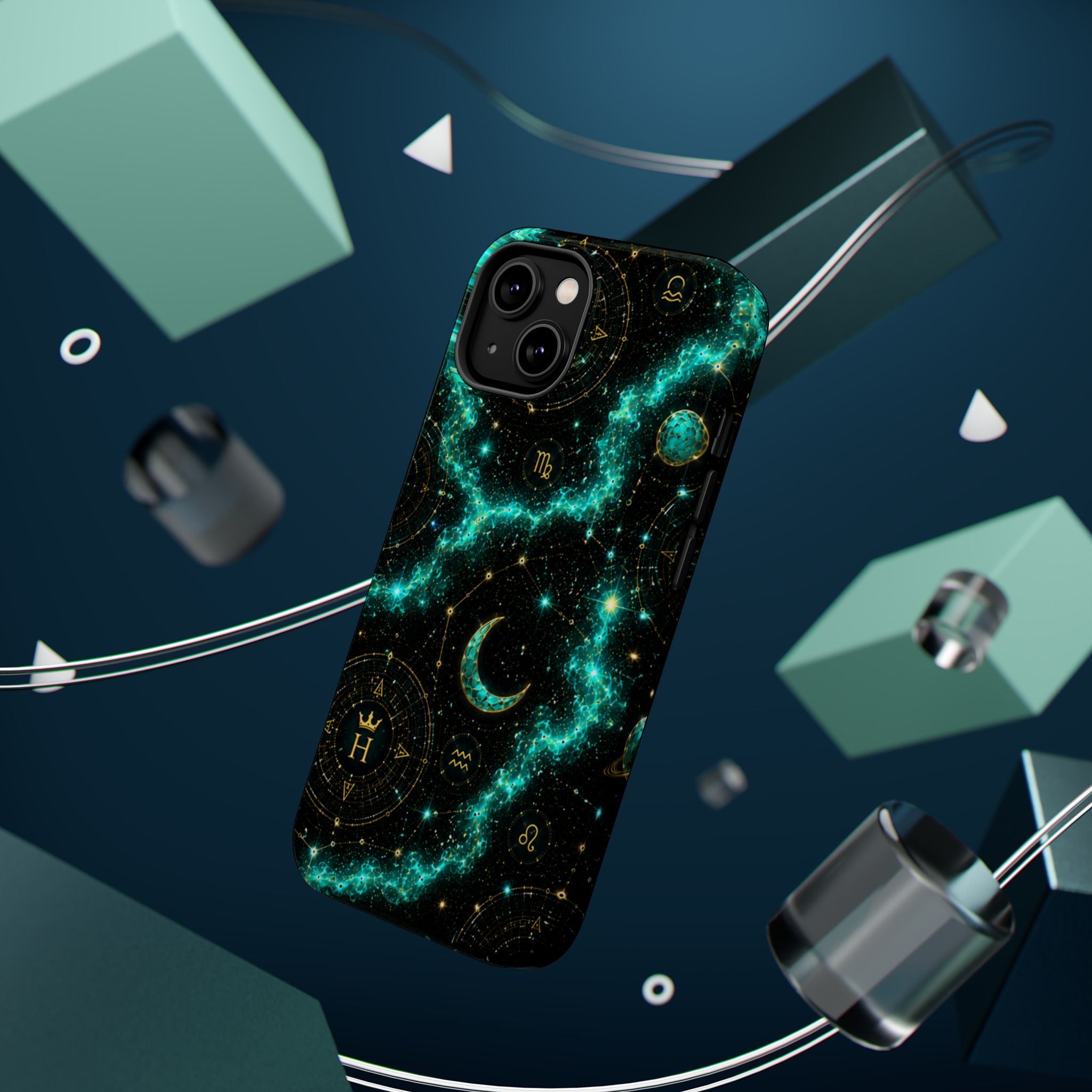 Astrology Constellation Magnetic Phone Case — Impact‑Resistant, Teal Nebula Moon & Zodiac Design