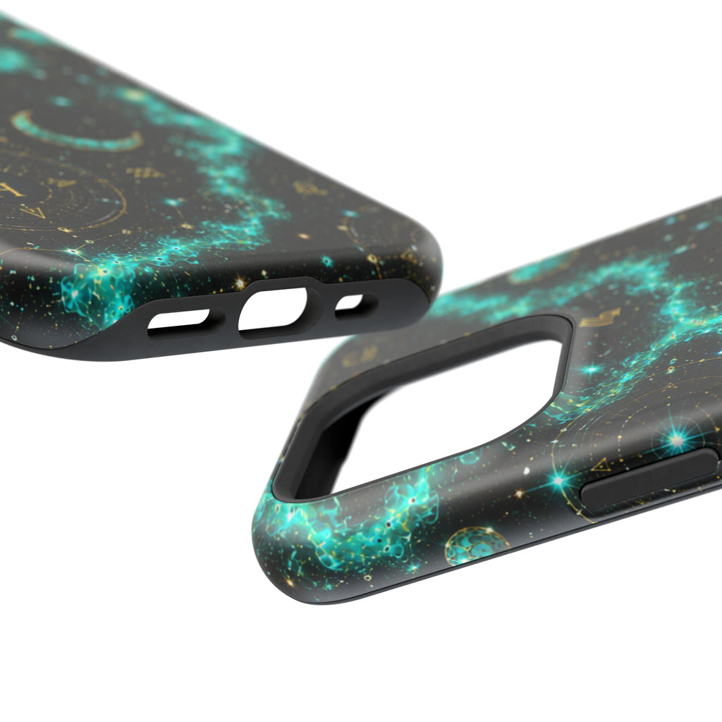 Astrology Constellation Magnetic Phone Case — Impact‑Resistant, Teal Nebula Moon & Zodiac Design