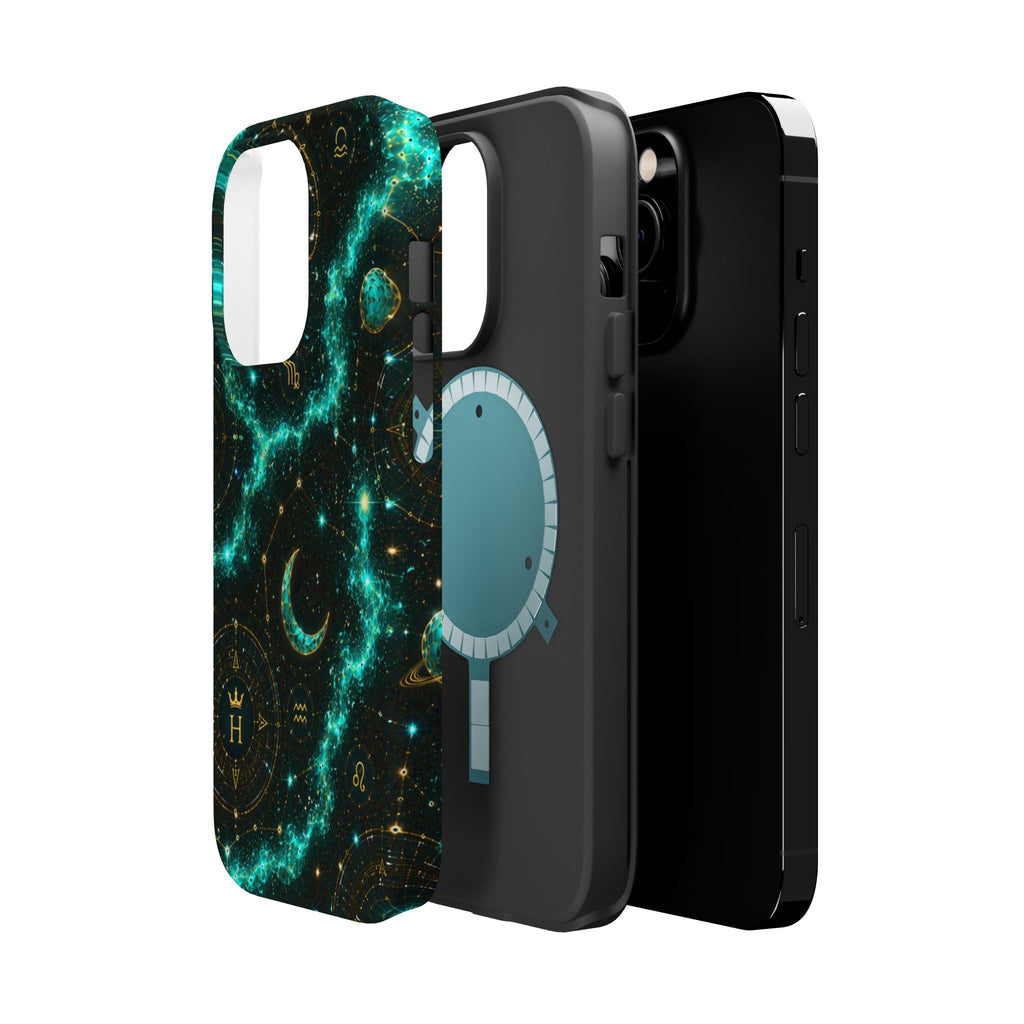 Astrology Constellation Magnetic Phone Case — Impact‑Resistant, Teal Nebula Moon & Zodiac Design
