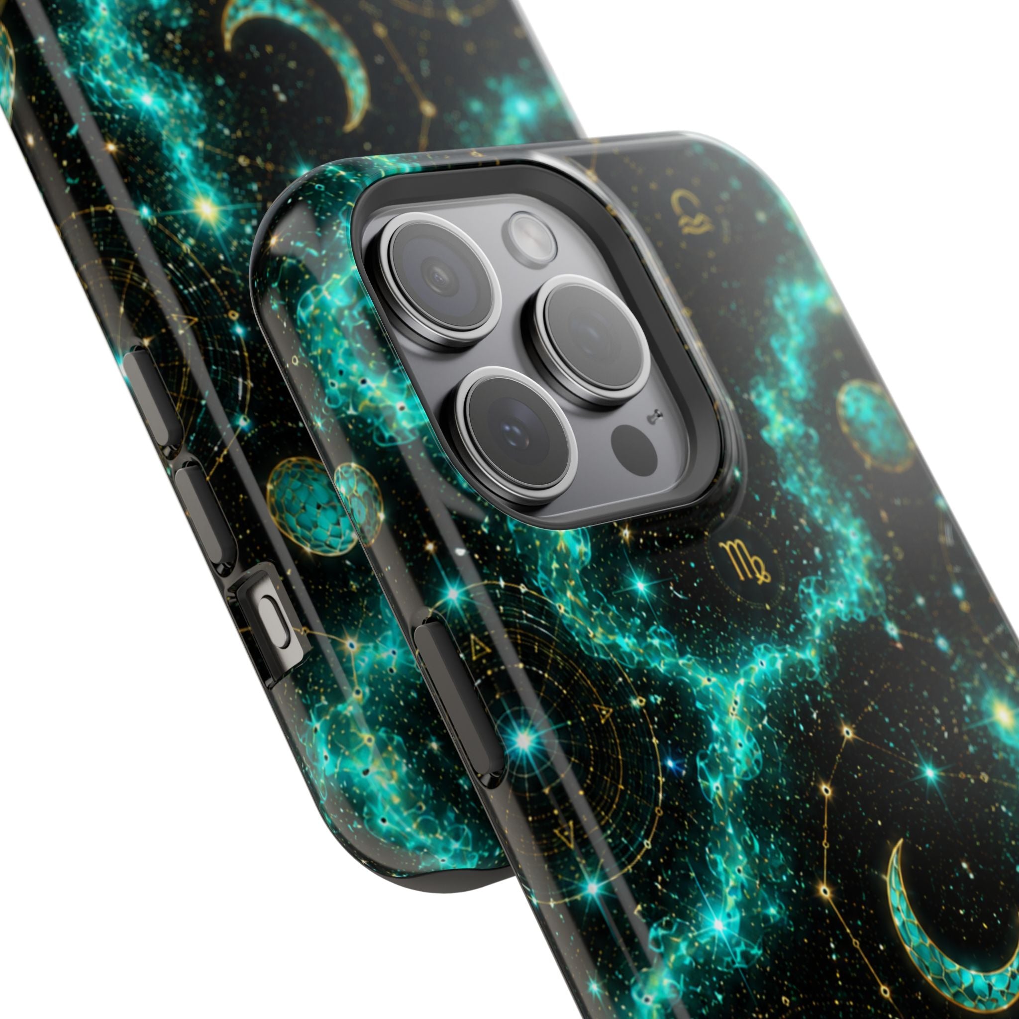Astrology Constellation Magnetic Phone Case — Impact‑Resistant, Teal Nebula Moon & Zodiac Design