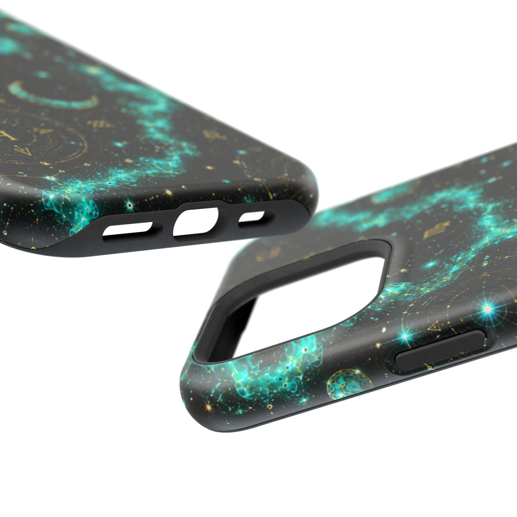 Astrology Constellation Magnetic Phone Case — Impact‑Resistant, Teal Nebula Moon & Zodiac Design