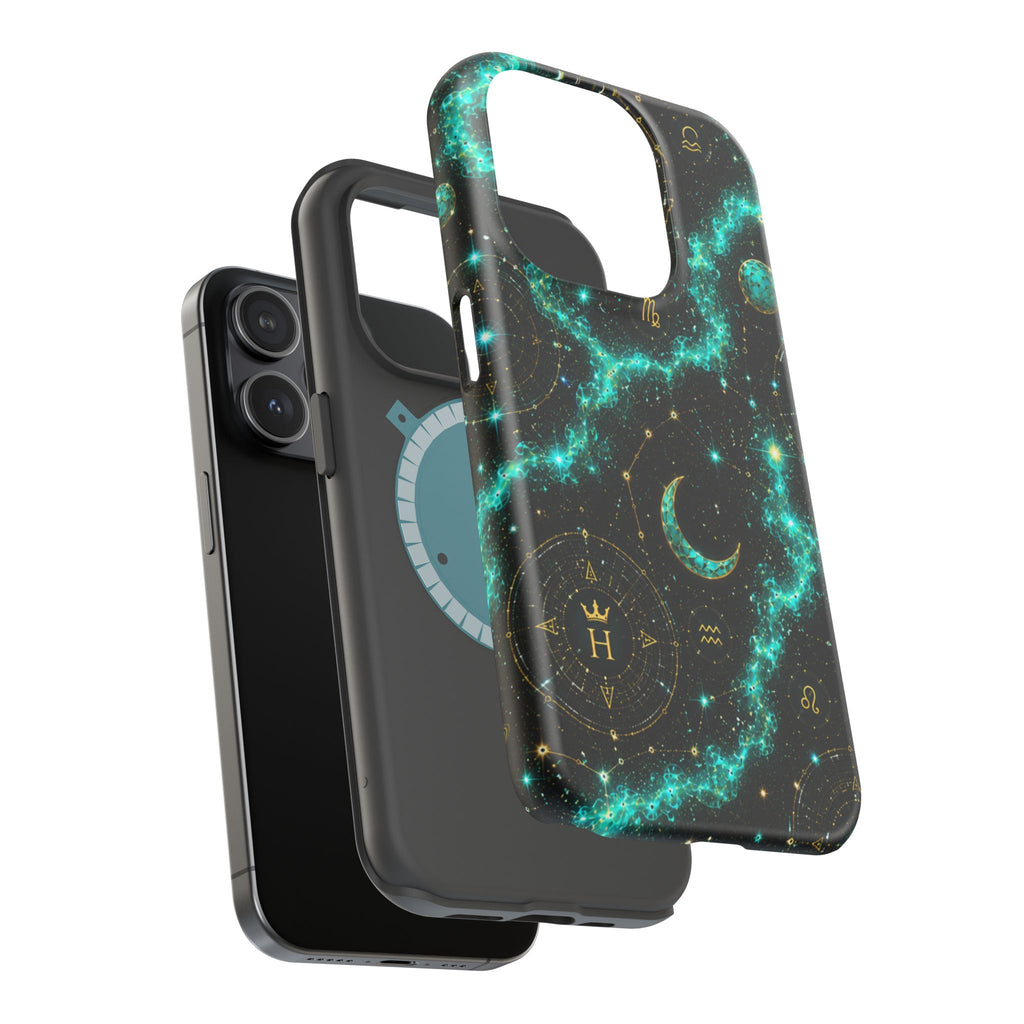 Astrology Constellation Magnetic Phone Case — Impact‑Resistant, Teal Nebula Moon & Zodiac Design
