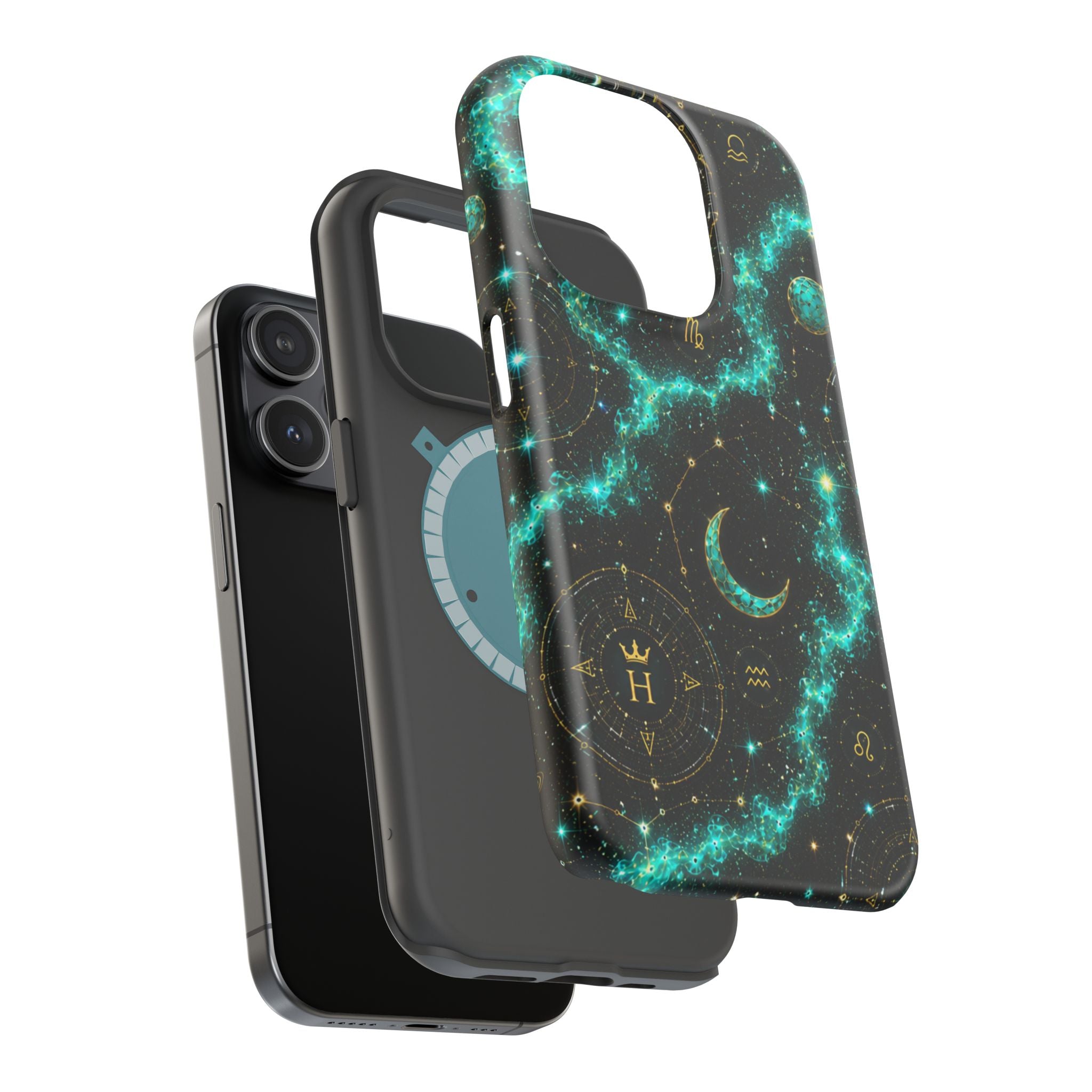 Astrology Constellation Magnetic Phone Case — Impact‑Resistant, Teal Nebula Moon & Zodiac Design